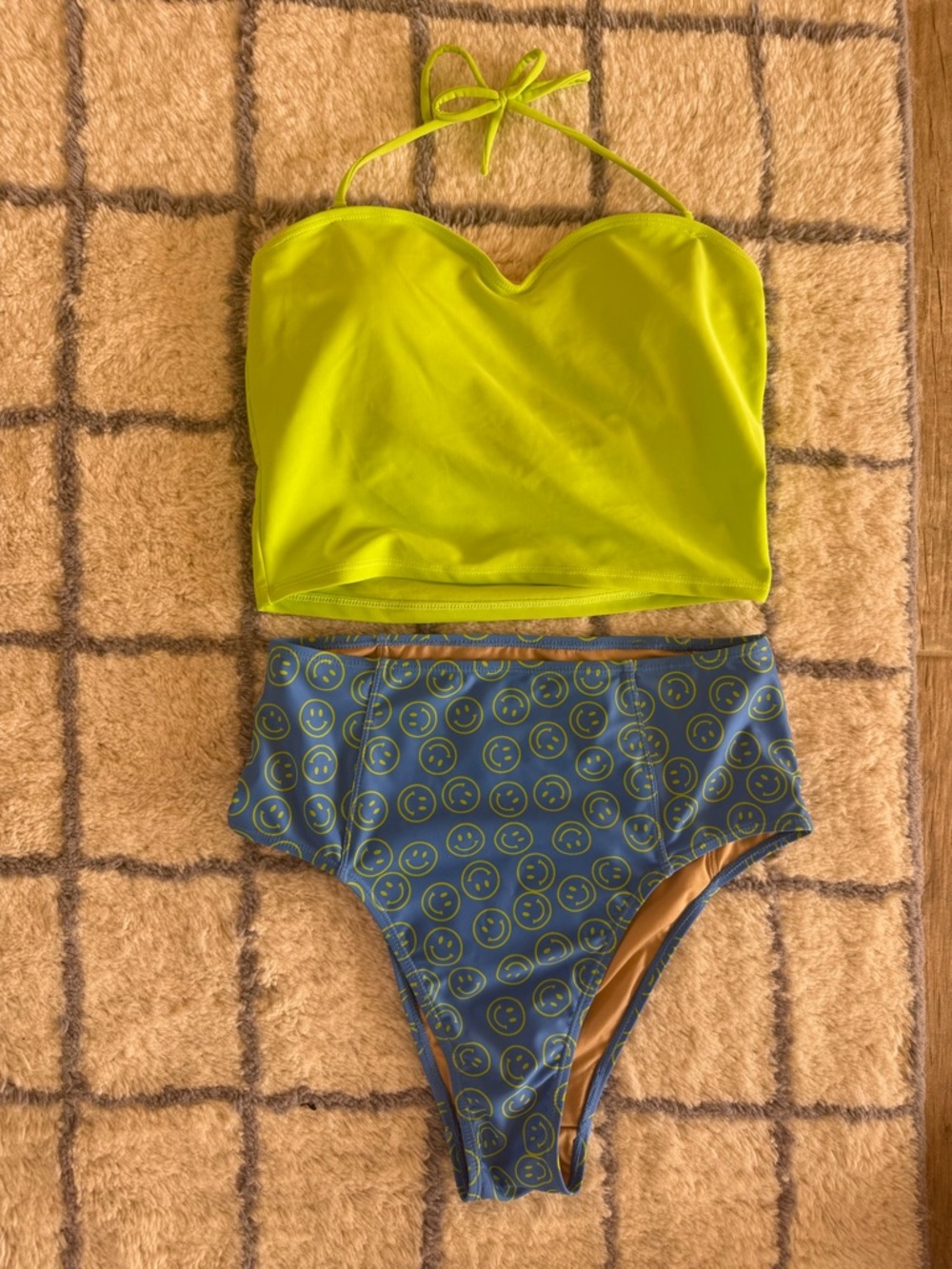 Neon Lime Halter Crop Bikini Top with Blue High-Waist Smile Print Bottoms